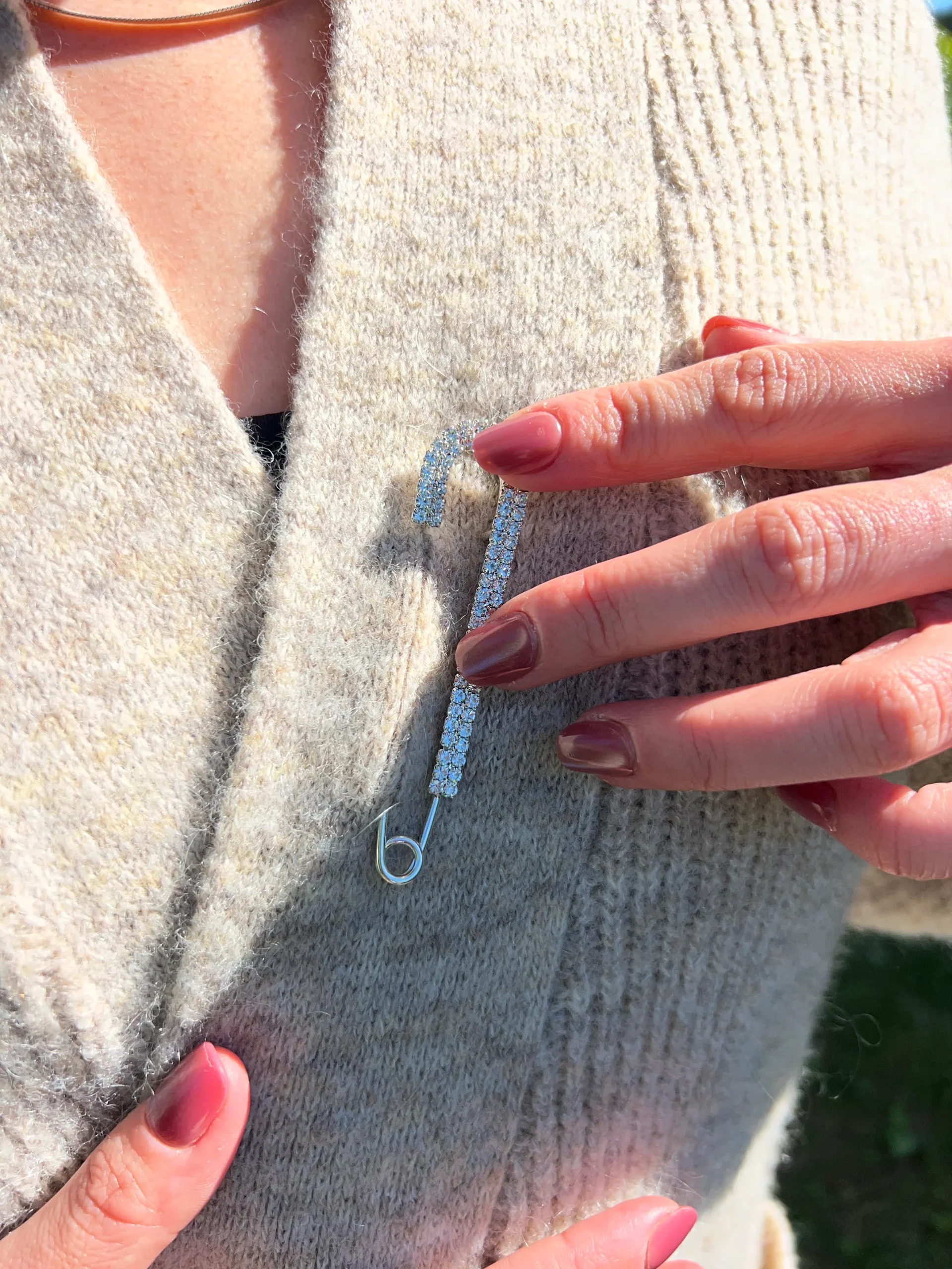 Crystal_Fashion_Safety_Pin_Silver_The_Shoelace_Brand_close_up_in_cardigan.jpg Safety pin - silver - Image 1